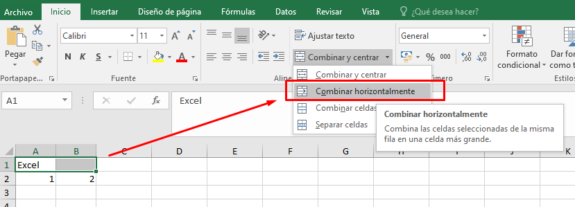 combinar y central en excel horizontalmente