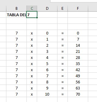 tabla multiplicar 7 excel
