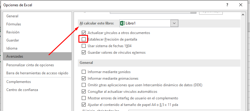 precision de pantalla excel