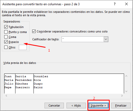 separar nombres y apellidos excel columnas