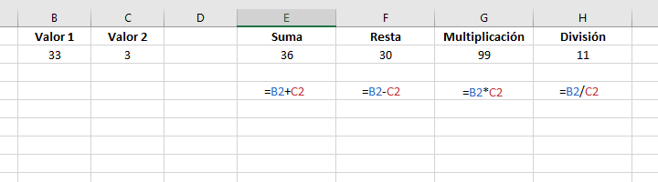 operaciones aritmeticas excel
