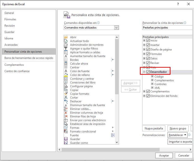 mostrar pestaña desarrollador