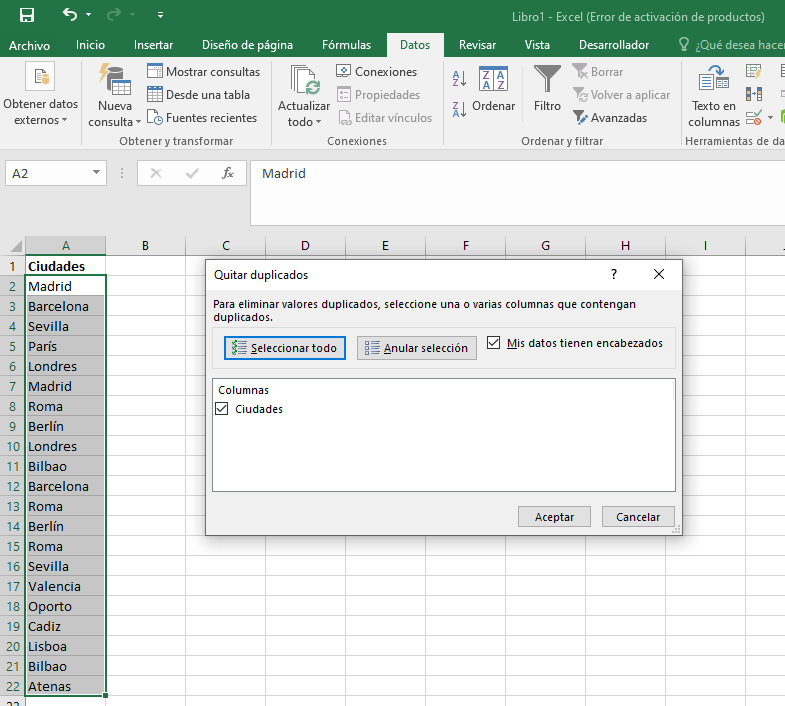 quitar duplicados excel dos columnas