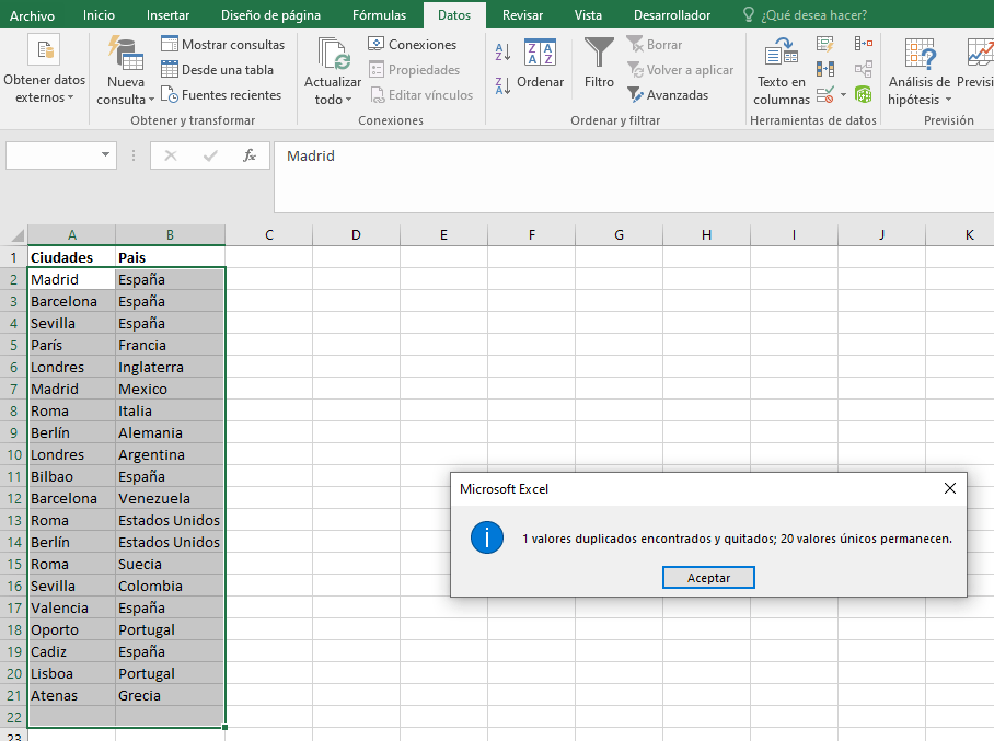 valores unicos excel